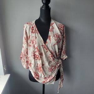 Zara floral linen blend wrap top -Size xs